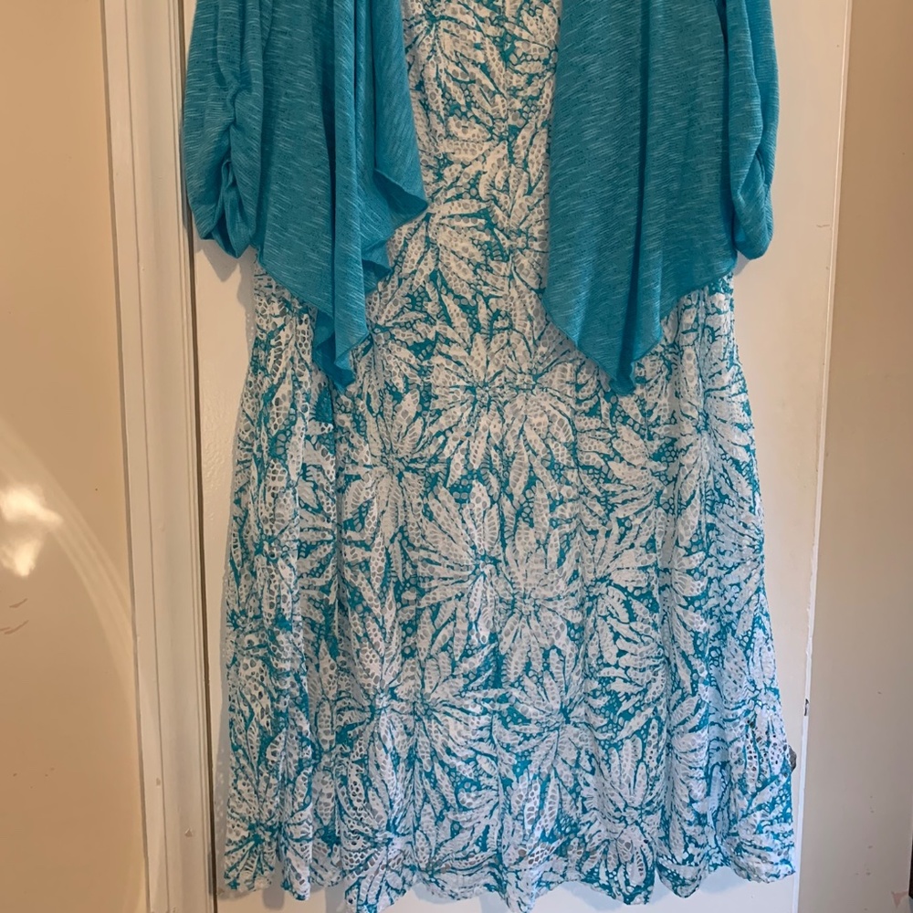 Laura Plus 2 piece dress, size 14, white & turquoise